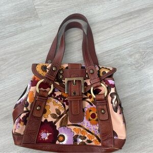 Isabella Fiori Vintage Floral Leather Trimmed buckle Handbag Boho 80s cottage